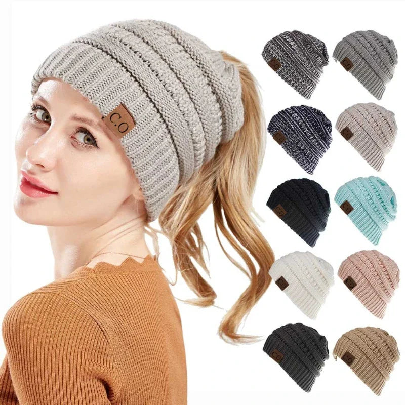 Cozy Stretch Knit Messy Bun Beanie-MODAUTLET