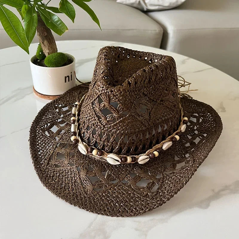 Bohemian Straw Cowboy Hat with Wooden Beads – Perfect for Sun Protection coffee shell M (56-58cm)