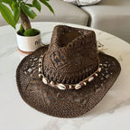 Bohemian Straw Cowboy Hat with Wooden Beads – Perfect for Sun Protection coffee shell M (56-58cm)