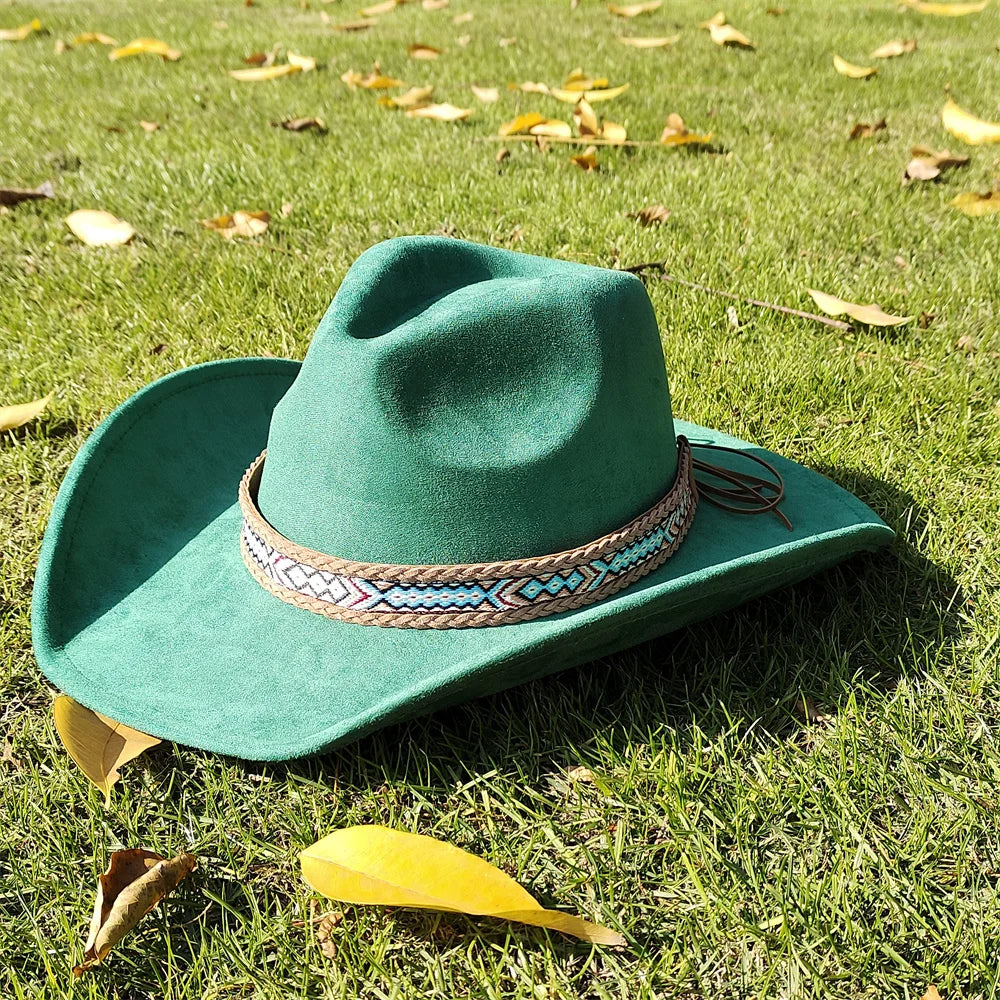 Adjustable Suede Wide-Brim Cowboy Fedora Hat-MODAUTLET