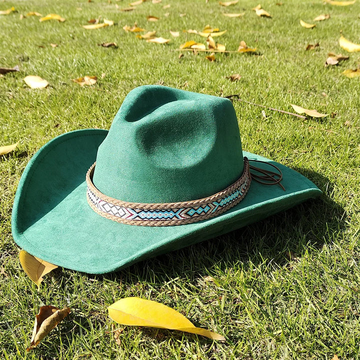 Adjustable Suede Wide-Brim Cowboy Fedora Hat-MODAUTLET