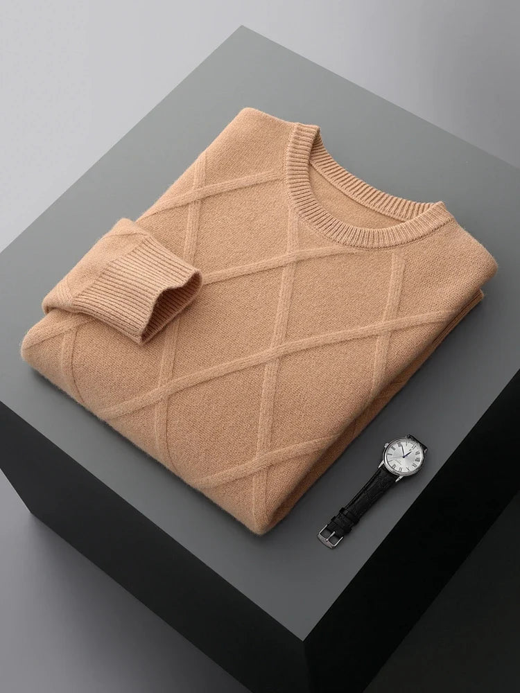 Men's Merino Wool Sweater in Meadow Green Camel Brown