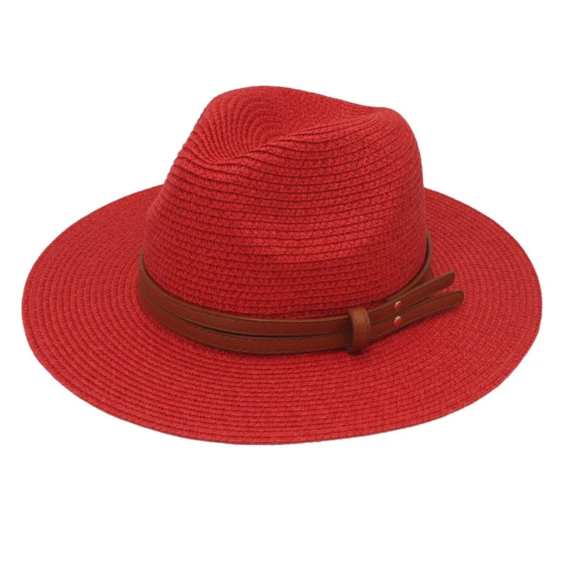 Breathable Straw Panama Sun Hat With Wide Brim Protection Red