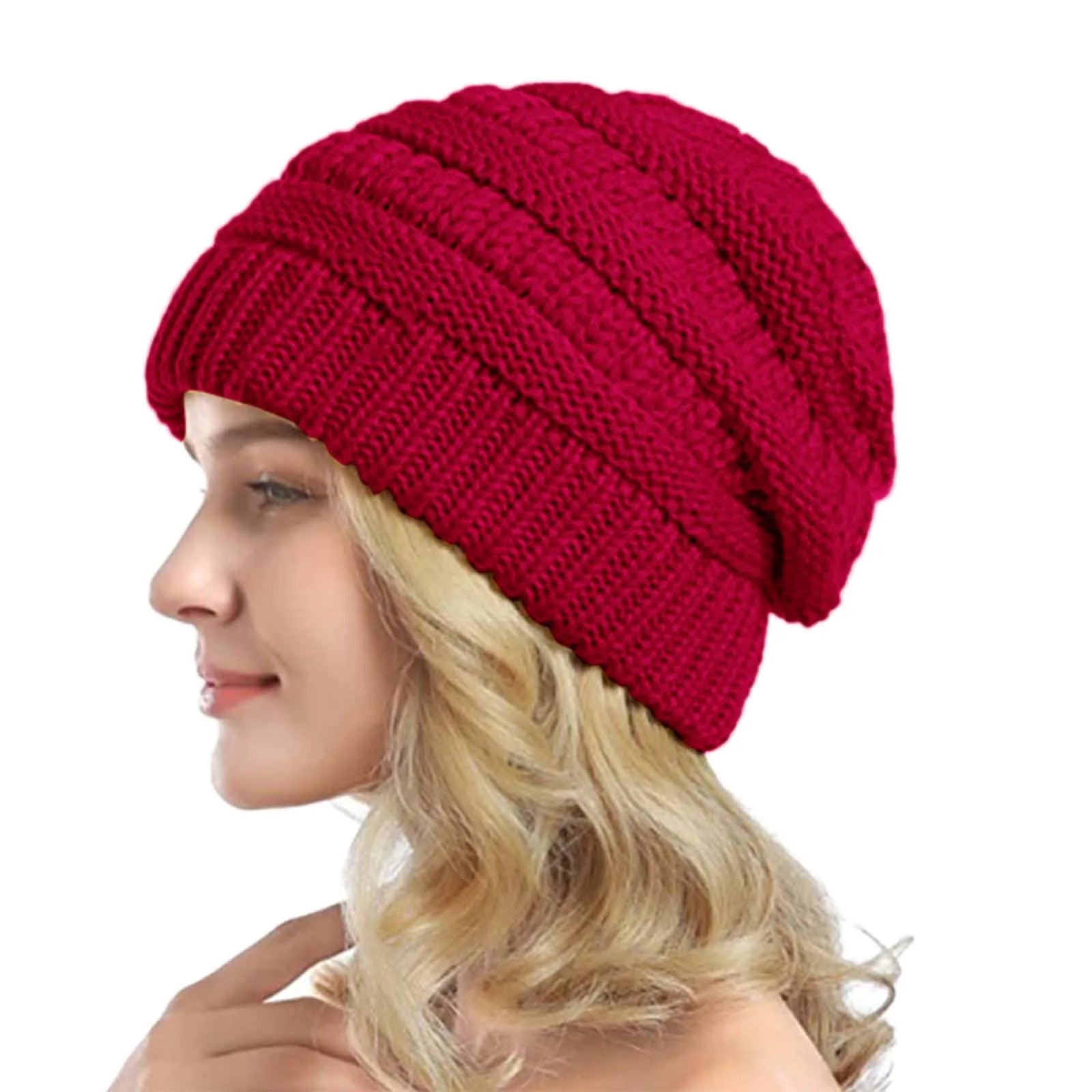 Cozy Chunky Cuffed Knit Beanie Red One Size