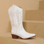 Fashion Pointy Toe Embroidered Mid-Calf Western Boots White