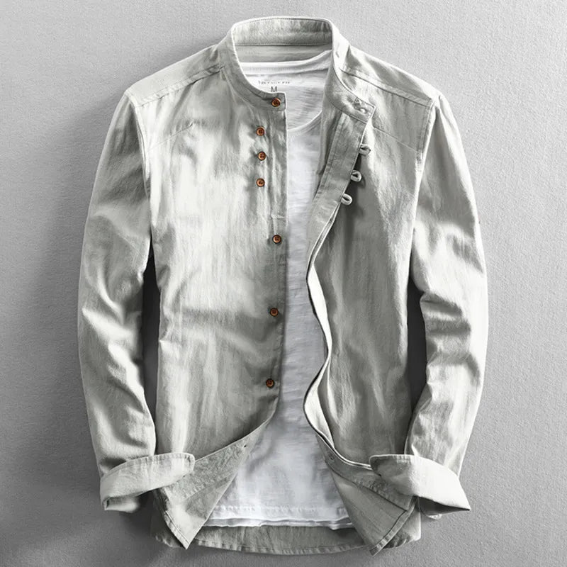 Breathable Linen Cotton Shirt With Japanese Style Design Gray