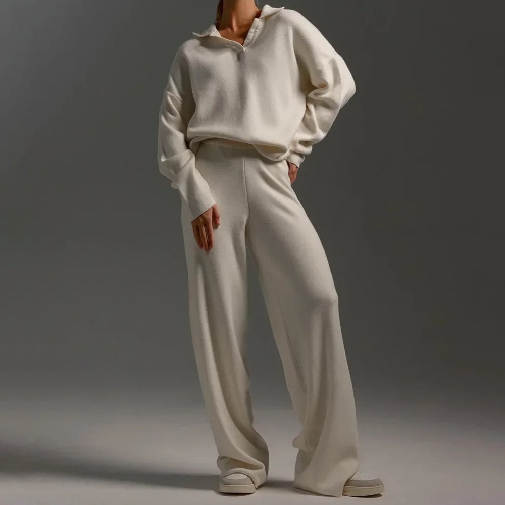 Women's Cozy Relaxed Fit V-Neck Sweater and Wide-Leg Pants Set Cream