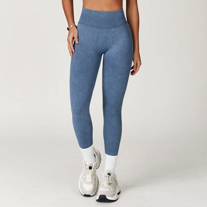 Women's High-Waist Seamless Sports Leggings, Ribbed Workout Pants Denim Blue