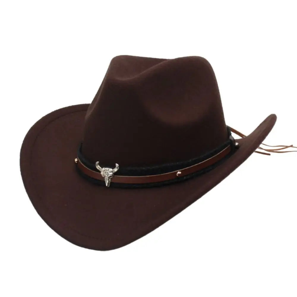Western Cowboy Hat – Jazz Knight Felt Hat with Bull Décor Coffee