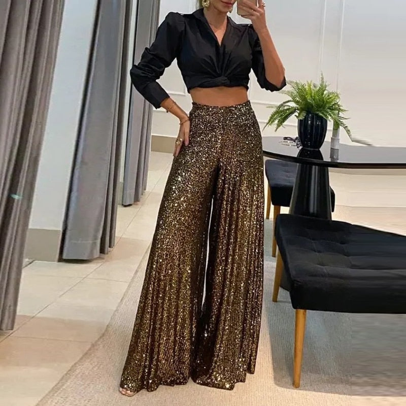 Pantalones anchos brillantes para mujer