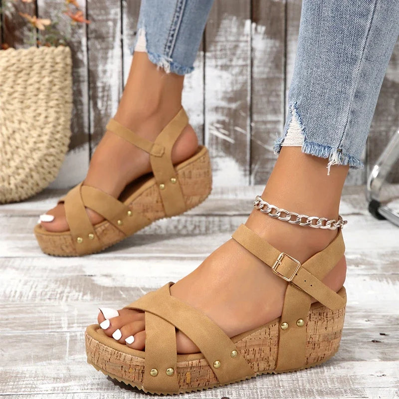 Women's Comfortable Buckle Wedge Sandals Khaki