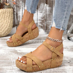 Women's Comfortable Buckle Wedge Sandals Khaki