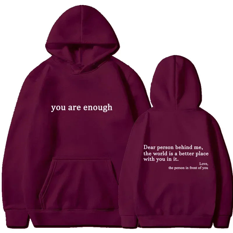 Trendy Unisex "You Are Enough" Retro Hoodie for Men and Women Wine