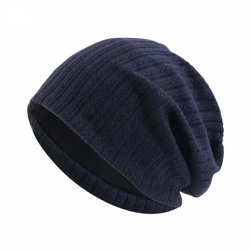 Double-Layer Wheat-Spike Knit Beanie Hat Dark blue