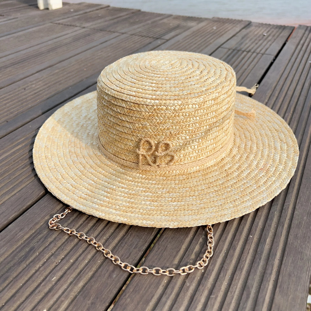 Elegant Handmade Straw Sun Hat With Metal Chain For Women style 1 54-58cm