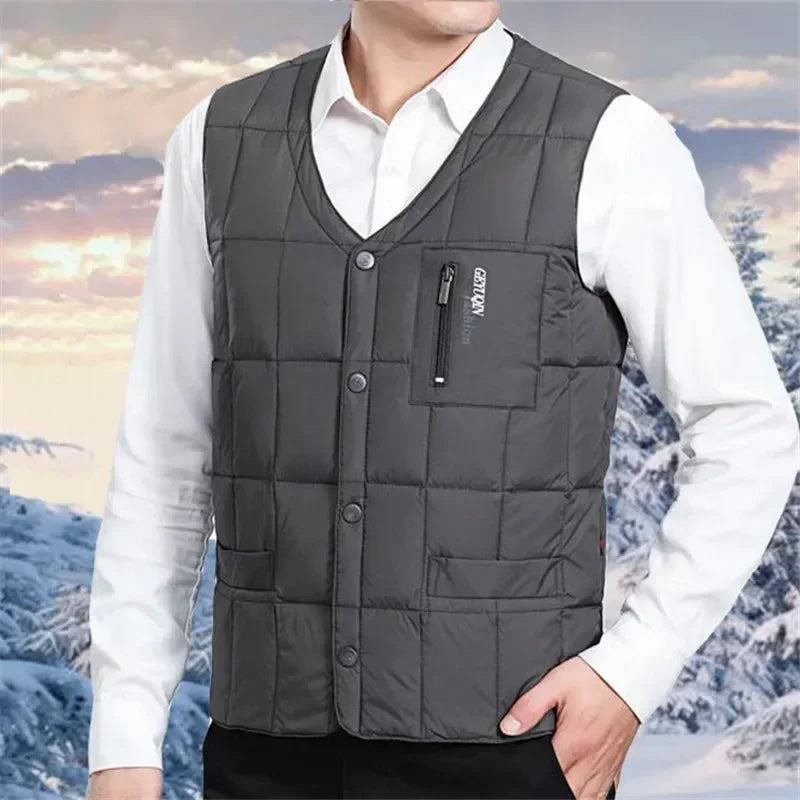 Chaleco ligero de plumón para hombre - Cuello en V, chaqueta de poliéster para invierno