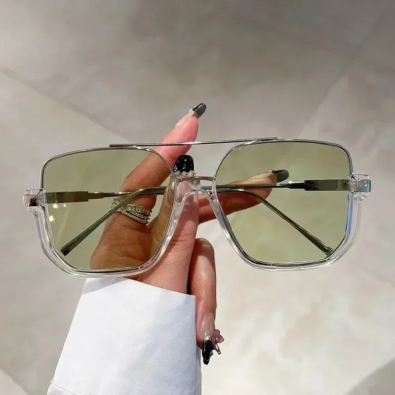 Oversized Square Sunglasses UV 400 Unisex Eyewear Trendy Silver Green