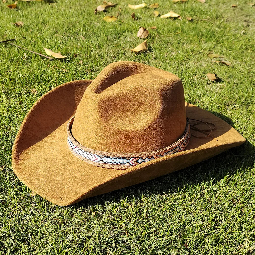 Adjustable Suede Wide-Brim Cowboy Fedora Hat-MODAUTLET