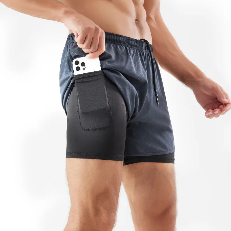 Men's 2-in-1 Quick-Dry Running Shorts with Phone Pocket Gray Embossing