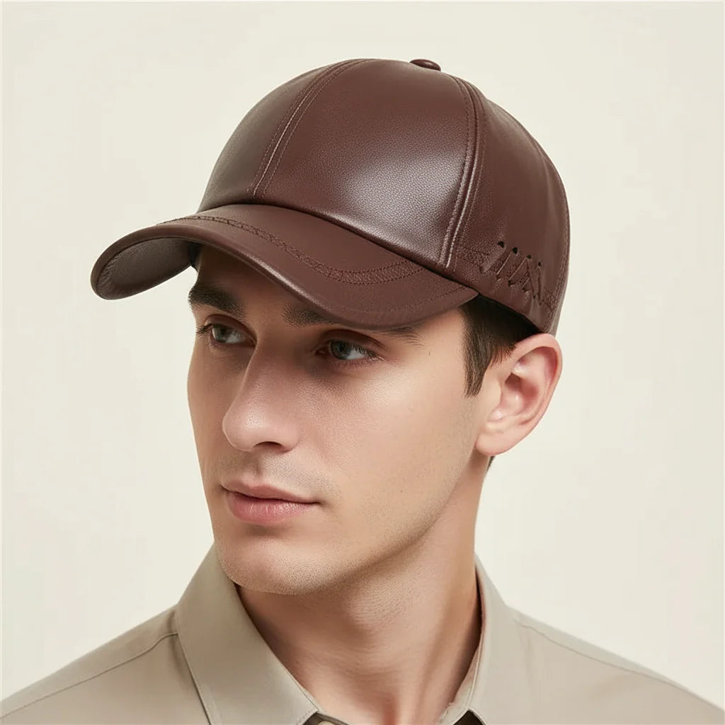 Premium Genuine Leather Snapback Baseball Cap khaki Adjustable