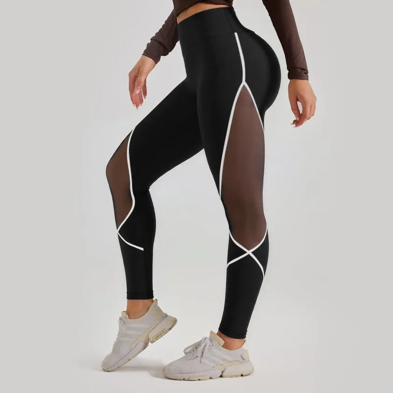Women's High-Waist Color-Block Mesh Yoga Pants for Workouts