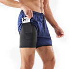 Men's 2-in-1 Quick-Dry Running Shorts with Phone Pocket Navy Blue Embossing