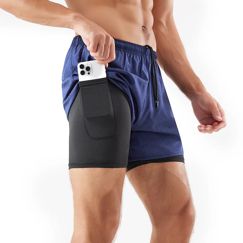 Men's 2-in-1 Quick-Dry Running Shorts with Phone Pocket Navy Blue Embossing