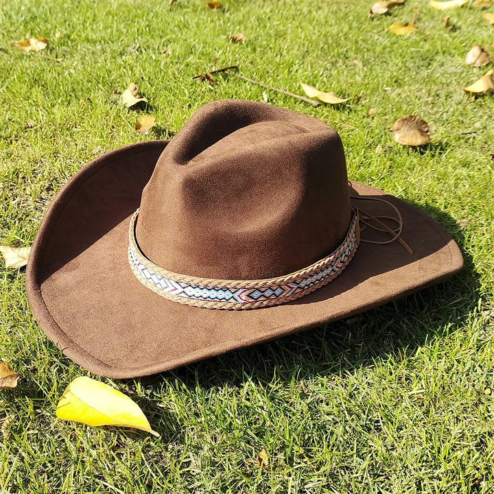 Adjustable Suede Wide-Brim Cowboy Fedora Hat-MODAUTLET