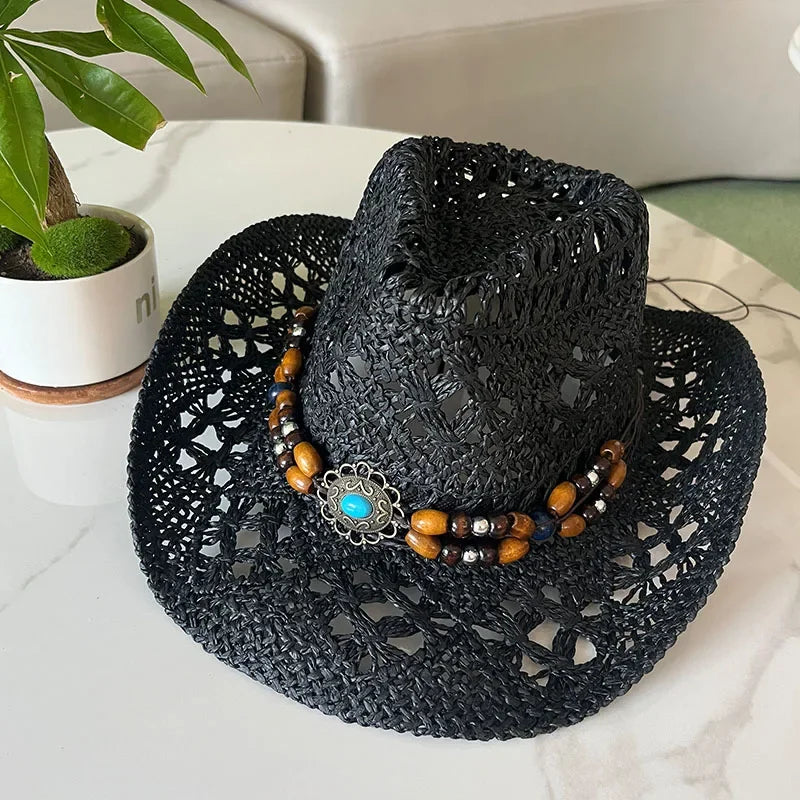 Bohemian Straw Cowboy Hat with Wooden Beads – Perfect for Sun Protection black M (56-58cm)