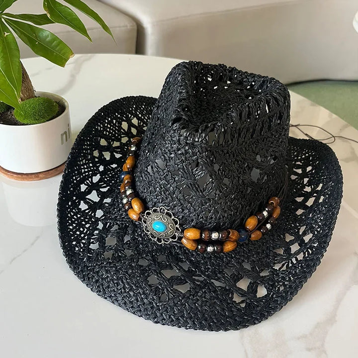 Bohemian Straw Cowboy Hat with Wooden Beads – Perfect for Sun Protection-MODAUTLET