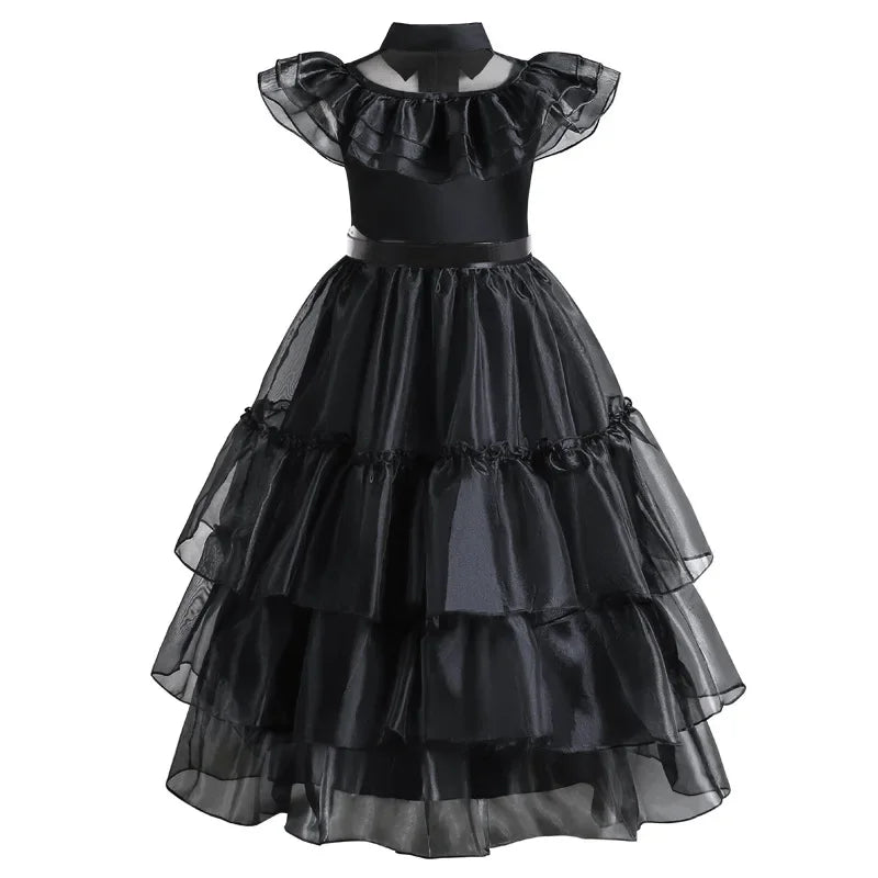 Halloween's Black Layered Cake Gown for Girls with Mesh Details
