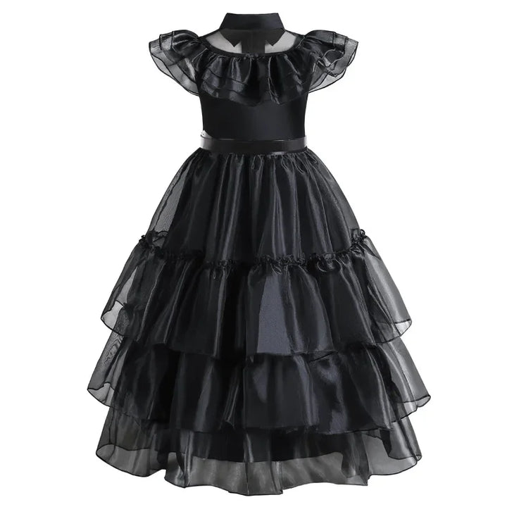 Halloween's Black Layered Cake Gown for Girls with Mesh Details