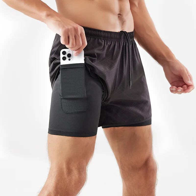 Men's 2-in-1 Quick-Dry Running Shorts with Phone Pocket Black Embossing