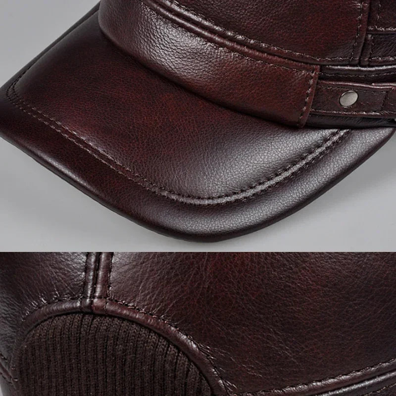 Vintage Military Style Genuine Leather Ear-Warm Flat Cap for Winter-MODAUTLET