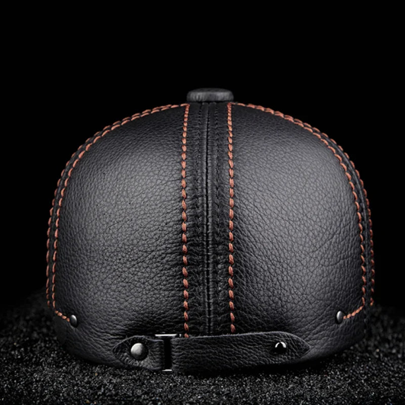 Men's Striped Black Cowhide Leather Beret Cap