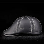 Men's Striped Black Cowhide Leather Beret Cap
