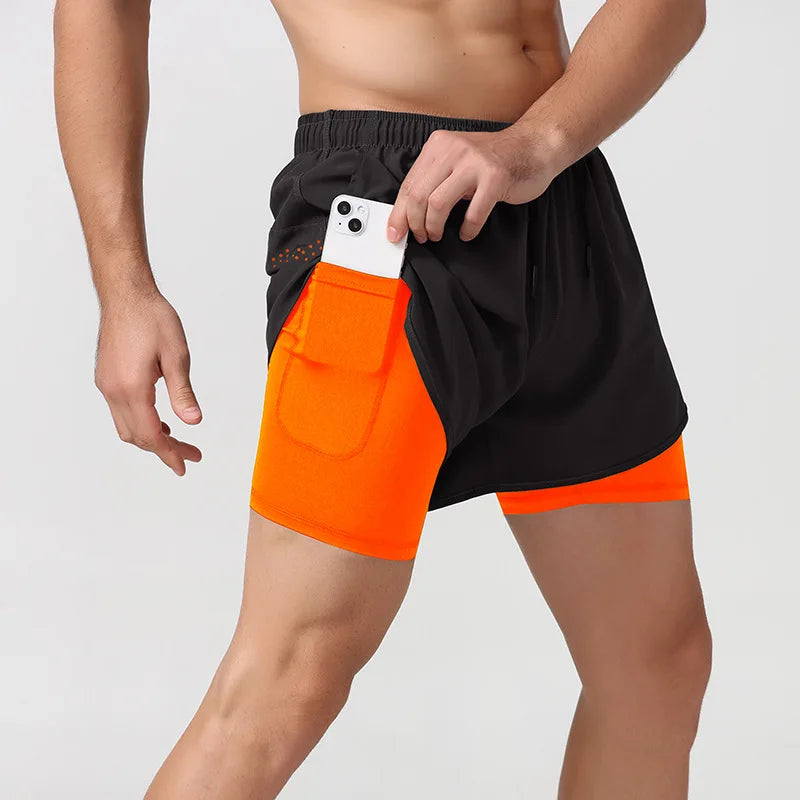 Men's 2-in-1 Quick-Dry Running Shorts with Phone Pocket Fluorescent Orange