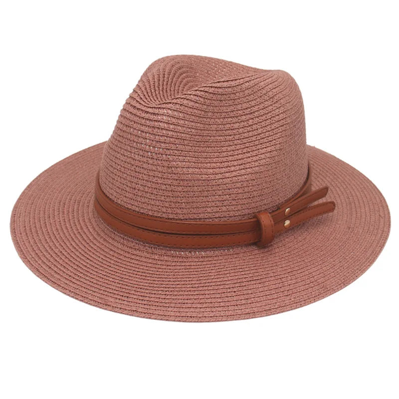 Breathable Straw Panama Sun Hat With Wide Brim Protection Skin Pink