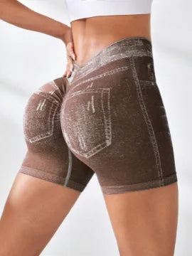 Women's V Back Faux Jeans Workout Shorts for Fitness and Yoga