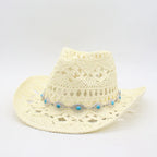 Bohemian Straw Cowboy Hat with Wooden Beads – Perfect for Sun Protection beige 5 M (56-58cm)