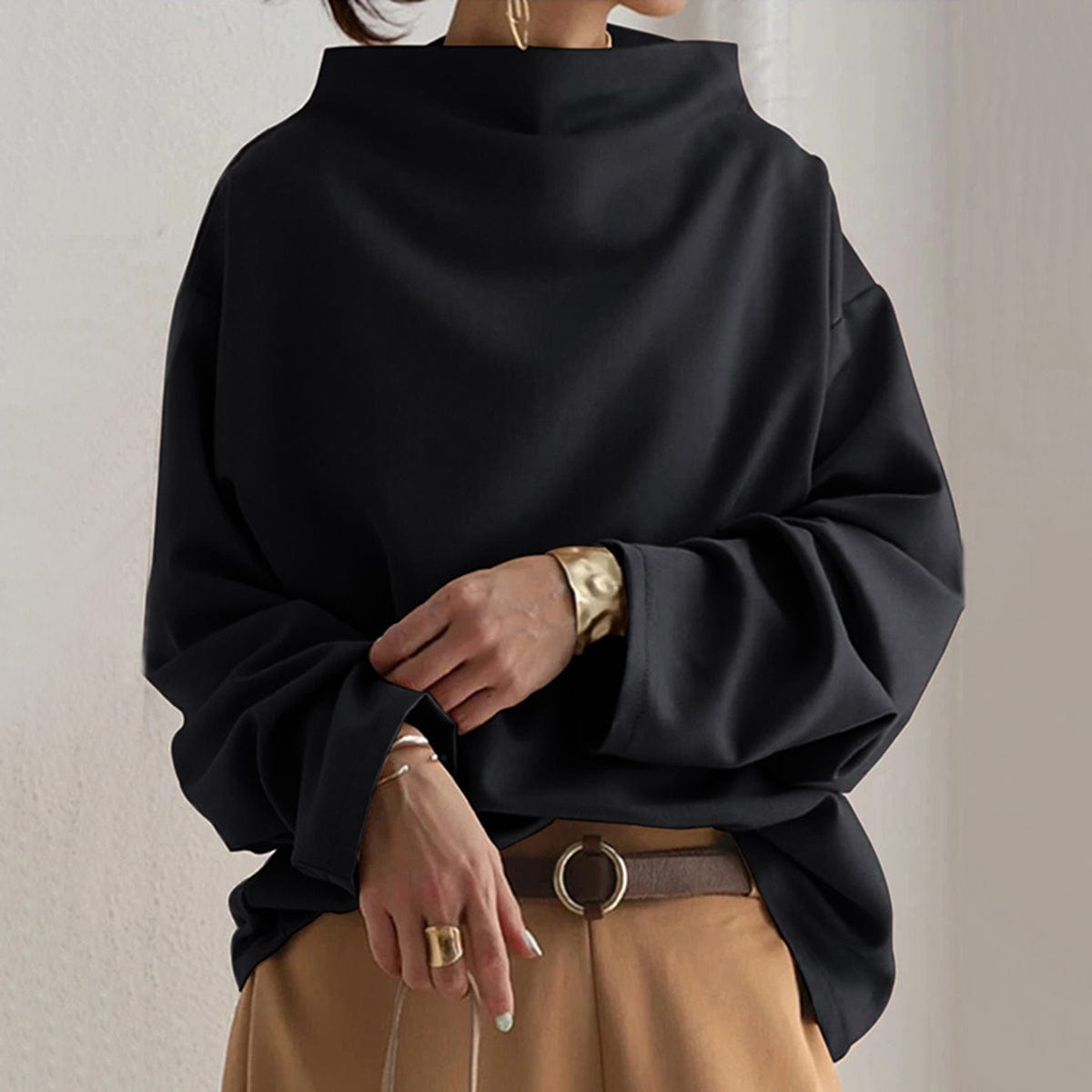 Women's Sleek Oversized Funnel Neck Blouse Black