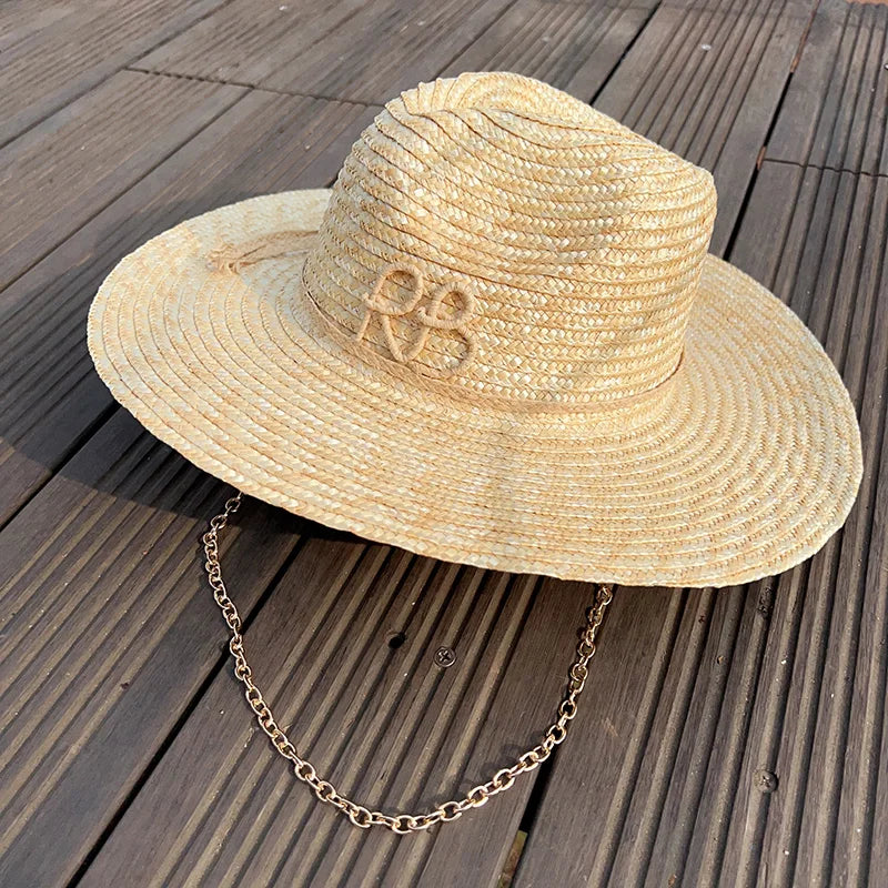 Elegant Handmade Straw Sun Hat With Metal Chain For Women