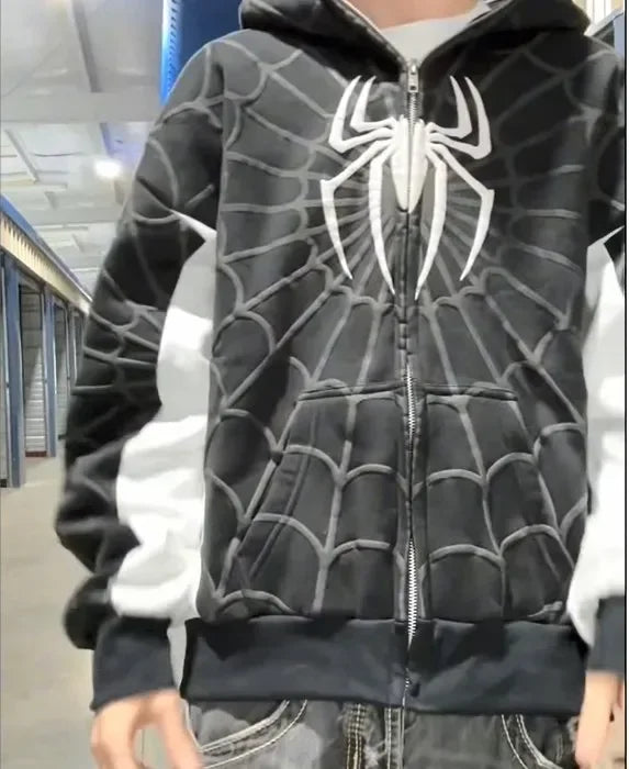 Spider Print Hoodie Hip Hop Style For Autumn Winter Wear Black