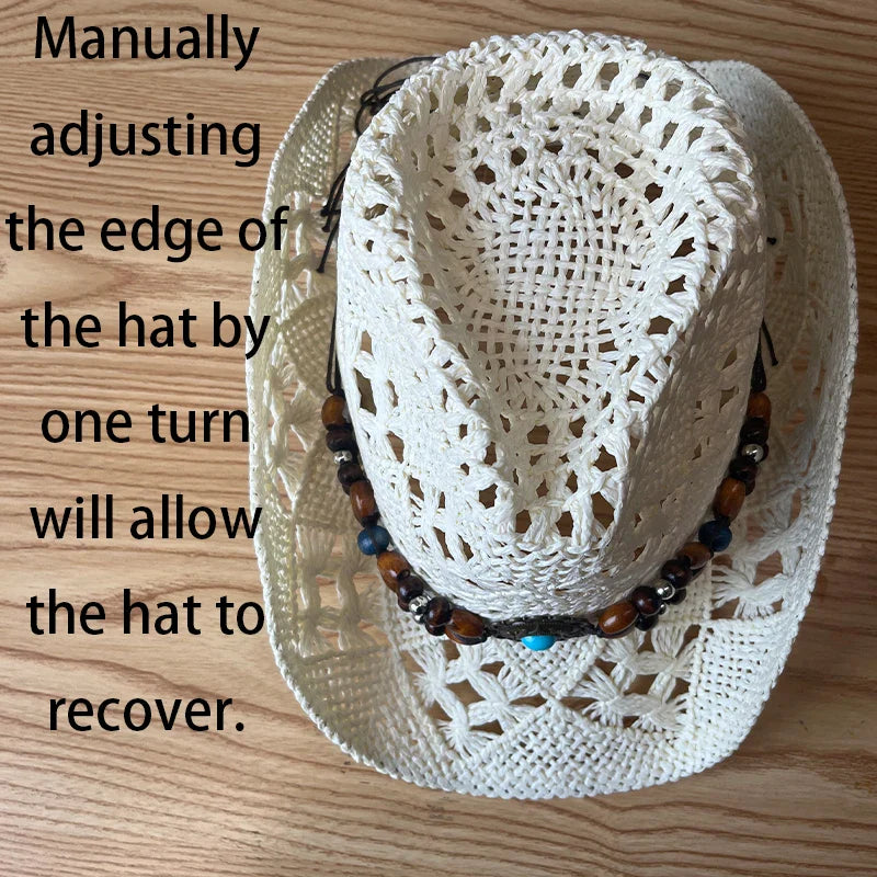 Bohemian Straw Cowboy Hat with Wooden Beads – Perfect for Sun Protection