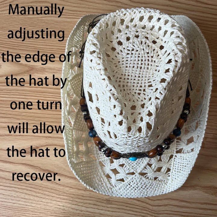 Bohemian Straw Cowboy Hat with Wooden Beads – Perfect for Sun Protection-MODAUTLET