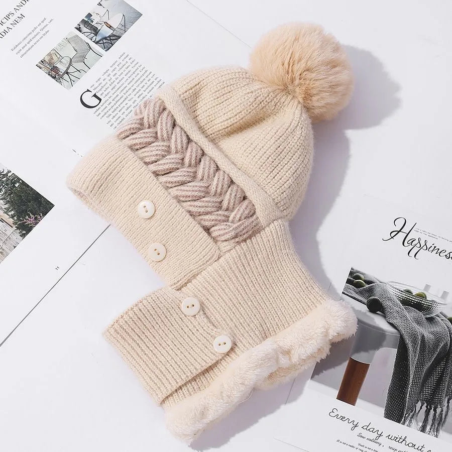 Cozy Fur-Lined Pompom Beanie Beige 55cm-58cm
