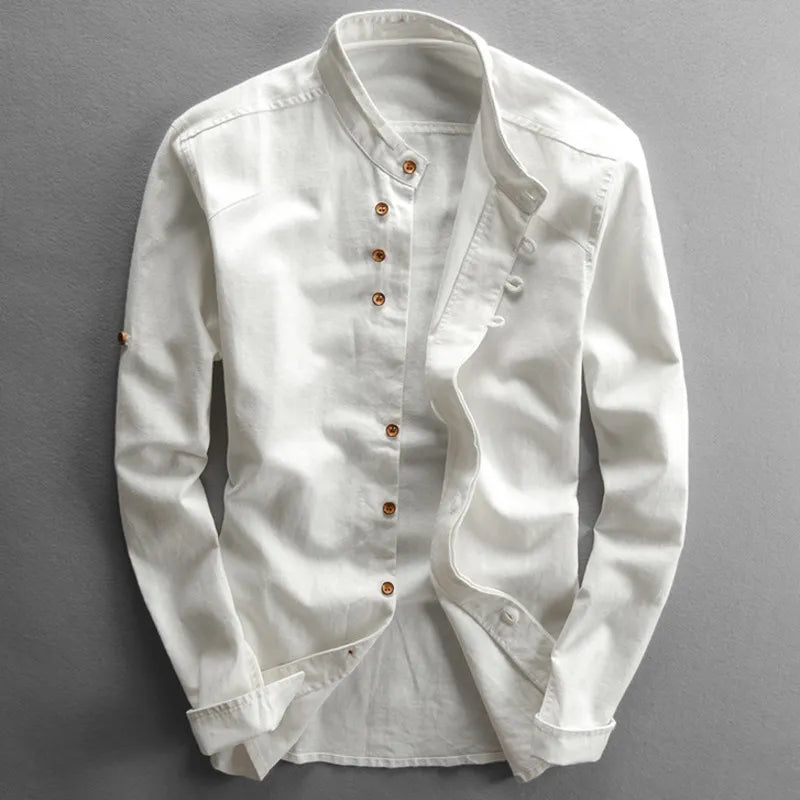 Breathable Linen Cotton Shirt With Japanese Style Design White