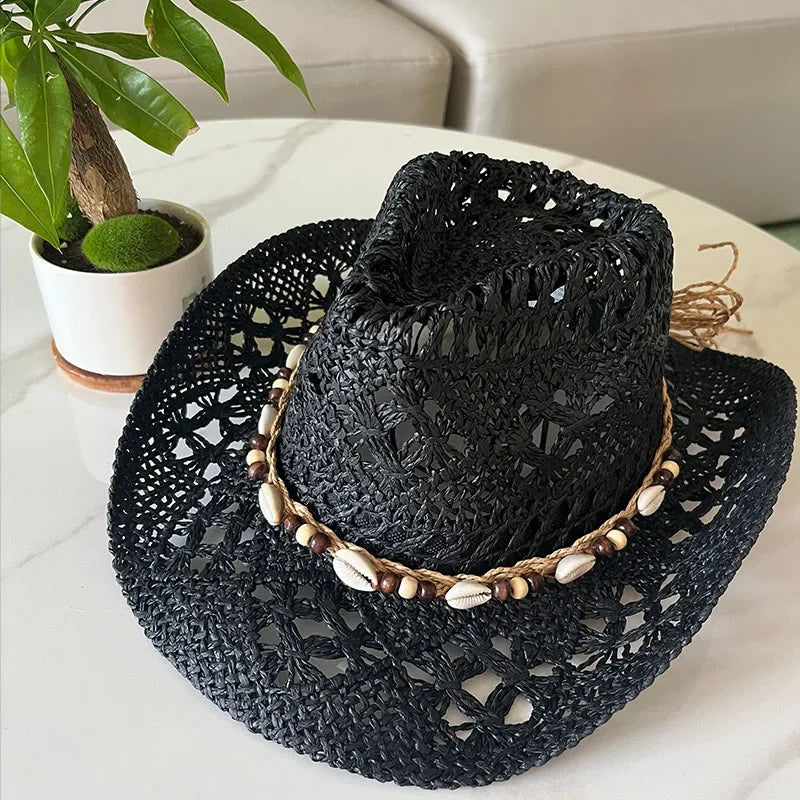 Bohemian Straw Cowboy Hat with Wooden Beads – Perfect for Sun Protection black shell M (56-58cm)