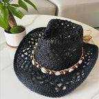 Bohemian Straw Cowboy Hat with Wooden Beads – Perfect for Sun Protection black shell M (56-58cm)
