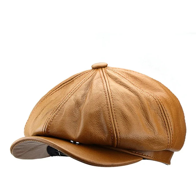 XXL Oversized Cowhide Leather Octagonal Newsboy Hat - 62 cm Yellowish Brown